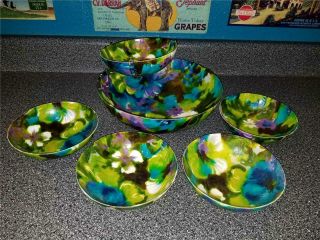 Mcm Vtg 6 Pc 60s Fiberglass Chip Salad Bowl Set Flower Power Blue Green Purple