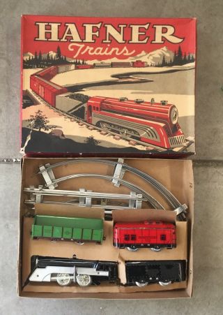 Vintage Hafner Train Set 4 Cars Pre - War W/ Box Track 1010 Wind - Up Engine Tin