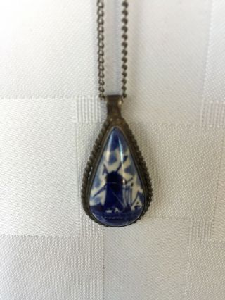 Vintage Sterling Silver Delft Blue & White Windmill Holland Pendant & 925 Chain