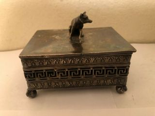Vintage Small Footed Silver Plated Trinket Box With Dog On Top
