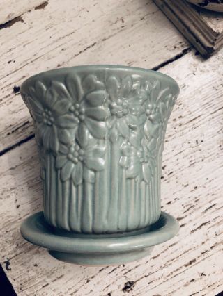 Vintage Mccoy Pottery Floral Planter Flower Pot W/ Saucer Teal Blue Cond