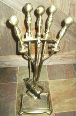 Vintage Brass Fireplace Set Stand Tongs Poker Brush And Shovel Fireplace Tools