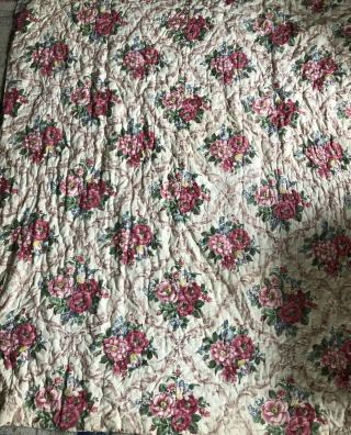 Vtg Handmade Knotted Blanket Bedspread Old Heavy Cotton Batting Shabby Farmhouse