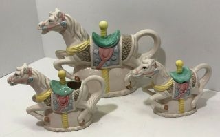 Vintage 3 Pc Carousel Horse Teapot Cream Pitcher & Sugar Bowl Set Heritage