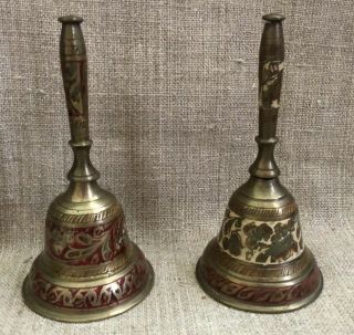 Vintage Brass Hand Etched India Bells Set Of 2 Painted Red Green Cream