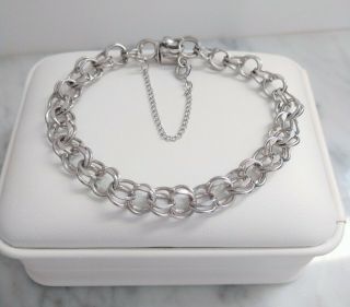 Vintage Double Link Sterling Silver Charm Bracelet With Safety Chain