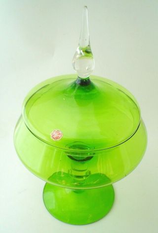 Vintage Green Murano Art Glass Pedestal Candy Dish With Lid Clear Finial & Stem