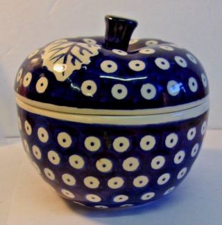 Vintage Cobalt Blue & White Polish Pottery Apple Baker From Zaklady Boleslawiec