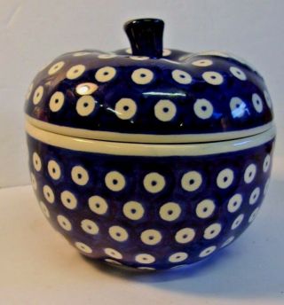 Vintage Cobalt Blue & White Polish Pottery APPLE BAKER from Zaklady Boleslawiec 2