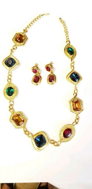 Vintage Napier Faceted Glass Jeweled Statement Necklace And Earrings Set