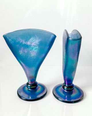 Vintage Fenton Art Glass Fan Vase Set Of 2 Iridescent Blue