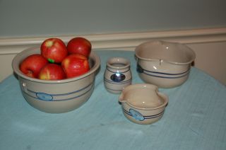 4 Pc Set Vintage Marshall Texas Pottery Bowls Blue Stripe Hand Thrown And Signed