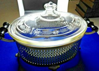 Vintage 1920 ' s Pyrex Oval Casserole Dish w/Etched Flower Lid in Chrome Holder 2