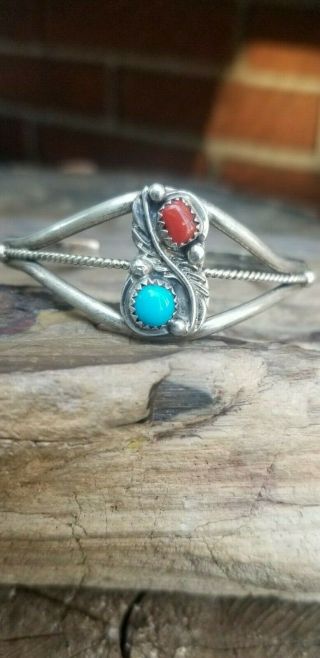 Vtg.  Navajo Sterling Silver Turquoise Red Coral Cuff Bracelet Signed Vgc