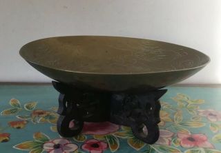 Lovely Vintage Chinese Brass Bowl On Wooden Stand