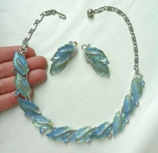 Vintage Lisner Thermoset Glowing Two Tone Blue Leaves Necklace Clip Earrings