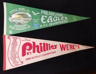 Pair 1980 Philadelphia Phillies Eagles World Series Bowl Vtg 30 " Pennants