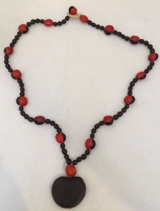 Vintage Peru Huayruro Achira Seed Necklace With Sea Bean Pendant Good Luck