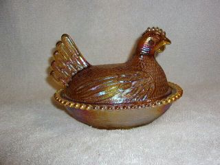 Vintage Indiana Glass Beaded Chicken Hen On Nest 7 " Gold Carnival