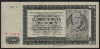 1942 1000 Kronen Czechoslovakia Wwii Vintage Money Banknote German Occupation Vf
