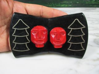 Art Deco Carved Red Bakelite Face Black Vulcanite Belt Buckle W/ Pine Trees Vtg
