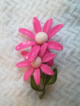 Vintage Daisy Flower Brooch Pin Pink Green Enamel