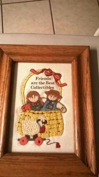 Vtg Crewel Embroidered Finished Picture In Wooden Frame " Friends Are The Best Co