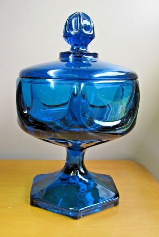 Vintage Viking Glass Mid - Century Bluenique Ribbed Column Covered Candy Jar 9.  5 "