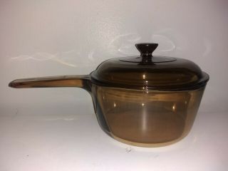 Vintage CORNING VISION WARE Amber Cookware 1.  5L SAUCEPAN,  Lid COND 4