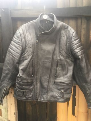 Vintage Old Skool Mens Black Leather Motorcycle Jacket 46 Inch Chest Look