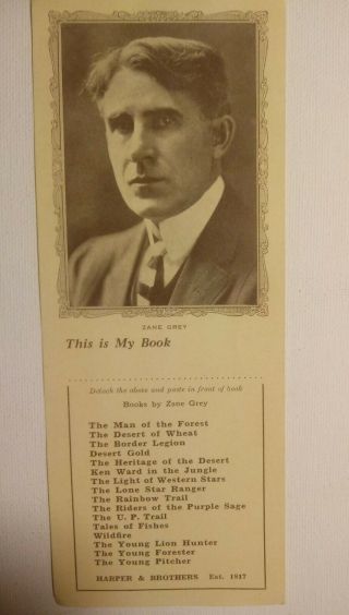 Zane Grey Photo Bookmark 1920 