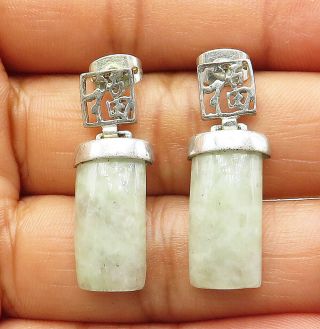 925 Sterling Silver - Vintage Jade Chinese Writing Detail Dangle Earrings - E5246