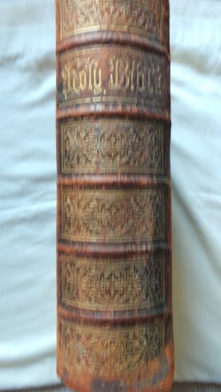 1882 Large Leather Family Holy Bible With Brass Clasps And Corners Colour Plates