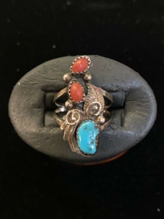 Vintage Native American Sterling Silver Turquoise & Coral Ring Size 7