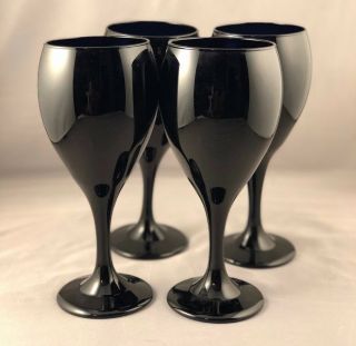 Vintage Libbey Black Dark Amethyst 12 Oz Wine / Water Goblet,  Set Of 4