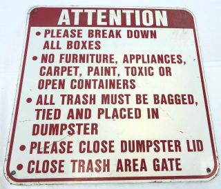 Vintage 17 " X 17 " Business Metal Aluminium Dumping Dumpster Rules Sign