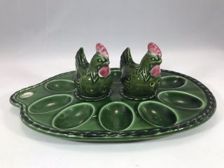 Vintage Deviled Egg Plate With Chicken Salt And Pepper Shakers Green