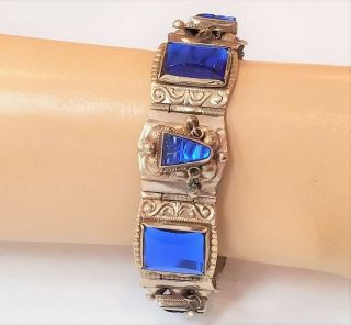 Vintage Vivid Electric Blue Glass Sterling Silver Alpaca Hecho En Taxco Bracelet