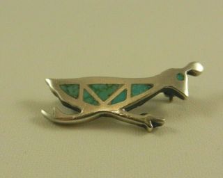 Vintage Native American Sterling Silver Turquoise Inlay Roadrunner Brooch Pin
