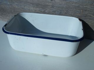 Vintage White Enamel Blue Rim Rectangle Enamelware Baking Pan 12 X 8 X 4