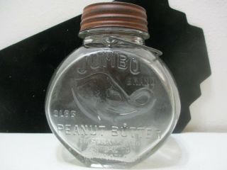 Vintage Jumbo Brand Peanut Butter Glass Jar Embossed Elephant & Lettering 2 Lbs