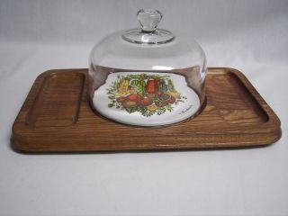 Vintage Serving Tray Wood Glass Dome Ceramic Trivet Cheese & Cracker 14 " X 8 "