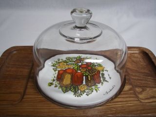 Vintage Serving Tray Wood Glass Dome Ceramic Trivet Cheese & Cracker 14 