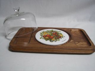 Vintage Serving Tray Wood Glass Dome Ceramic Trivet Cheese & Cracker 14 