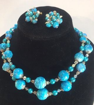 Vintage Vendome Bright Blue Crystal Beaded Necklace Screwback Clip Earring Set