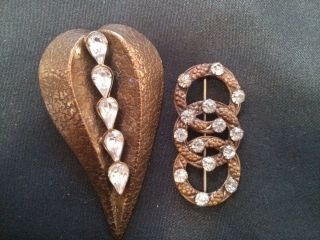 Set Of 2 Vintage Copper Colored Brooches/pins Rhinestone