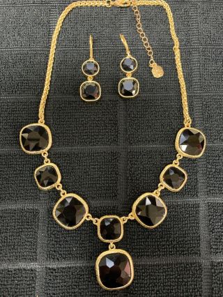 Monet Black Enamel & Gold Tone Statement Necklace And Earrings Vintage Signed