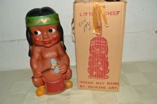 Vtg Du - Kane Usa Made Little Chief Indian Boy Chalkware Coin Bank Piggy W/box