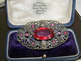 Vintage Czech Filigree Art Deco Jewellery Rhinestone Glass Statement Brooch Pin