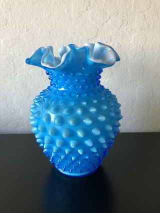 Vintage Fenton Art Glass Blue Overlay Cased Hobnail Vase 5 1/2”